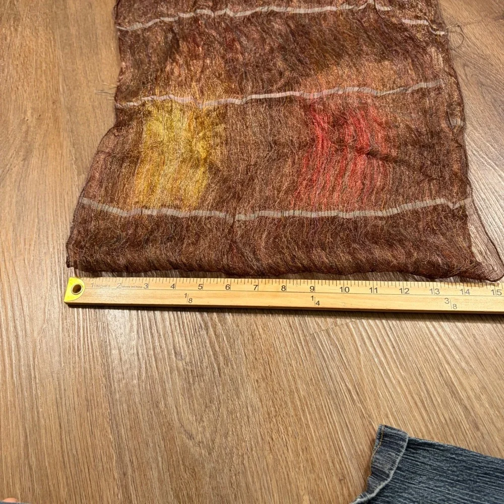 Boho Whimsical Bronze Copper Crinkle Sheer Stripe Fringe Scarf Wrap Earth Tones